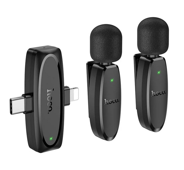 Hoco L15 2db bluetooth mikrofon (Type-C/Lightning, LAVALIER csíptethető) FEKETE (L15_2_TYPEC/LIGHTNING)