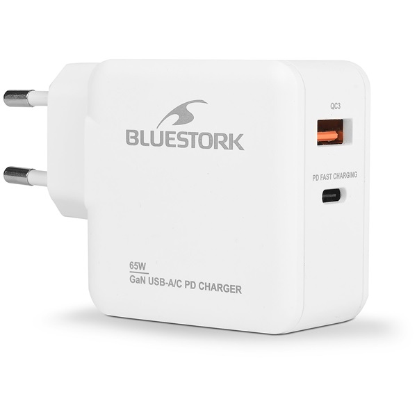 Bluestork    PW-BS-65-GAN-C-A-W USB-C  USB-A 65W 1,8m kábel  gyorstöltés Hálózati töltő Fehér 