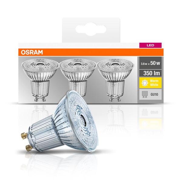 Osram Base PAR16 műanyag ház/4,3W/350lm/2700K/GU10/dobozos LED spot izzó 3 db Osram Base PAR16 műanyag ház/4,3W/350lm/2700K/GU10/dobozos LED spot izzó 3 db