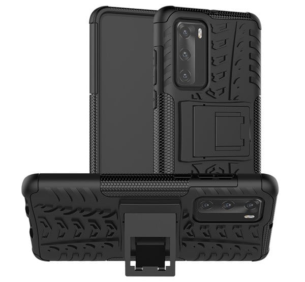 Defender műanyag telefonvédő (közepesen ütésálló, szilikon belső, kitámasztó, autógumi minta) FEKETE [Huawei P40]