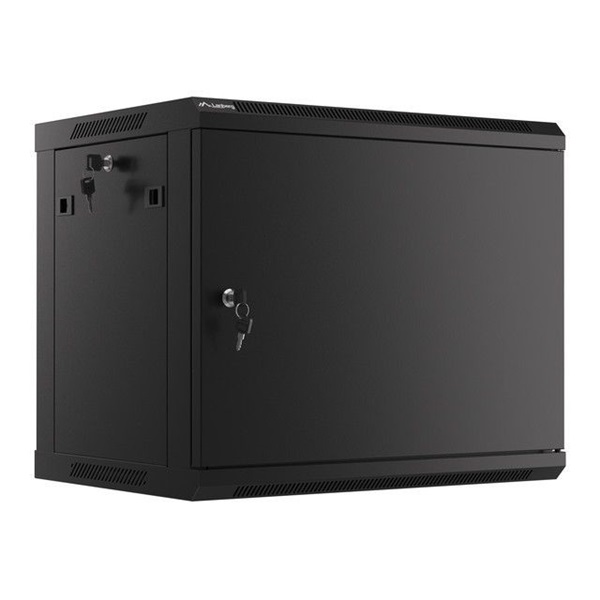 Lanberg WF01-6409-00B 19" 9U SZÉL:600 MÉLY:450 MAG:512 lapraszerelt fémajtós fekete fali rack szekrény