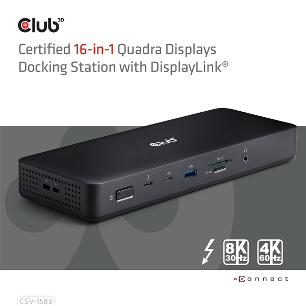 Club 3D CSV-1583 140W  2xThunderbolt 4 3xDP  2xHDMI, USB-C, 3xUSB-A, SD, TF, RJ45, 3,5 Jack, DC Notebook Dokkoló