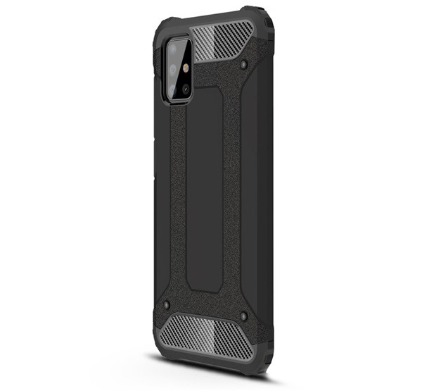 Defender műanyag telefonvédő (közepesen ütésálló, légpárnás sarok, szilikon belső, fémhatás) FEKETE [Samsung Galaxy A51 (SM-A515F)]