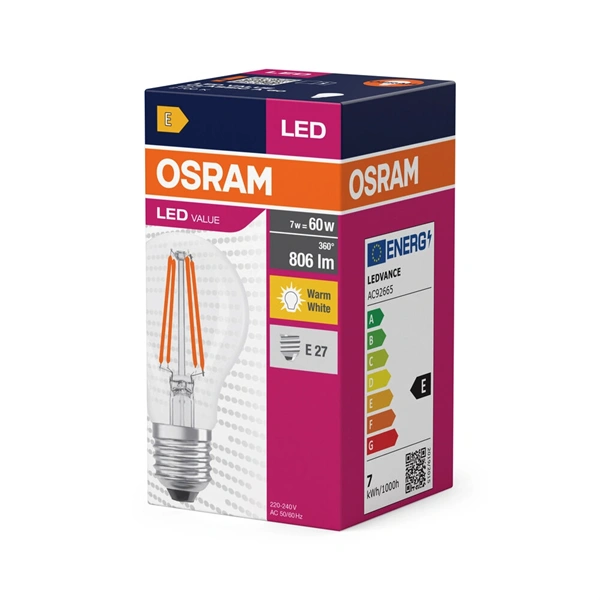 Osram Value átlátszó üveg búra 7W 827lm 2700K E27 LED körte izzó