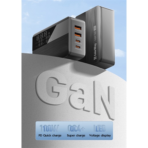COLORWAY CW-CHS041PD-BK AC Charger Power Delivery GaN 2USB-A + 2USB TYPE-C 100W USB töltő Fekete  