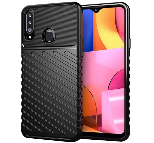 Szilikon telefonvédő (közepesen ütésálló, csíkos, dombor minta) FEKETE [Samsung Galaxy A20s (SM-A207F)]