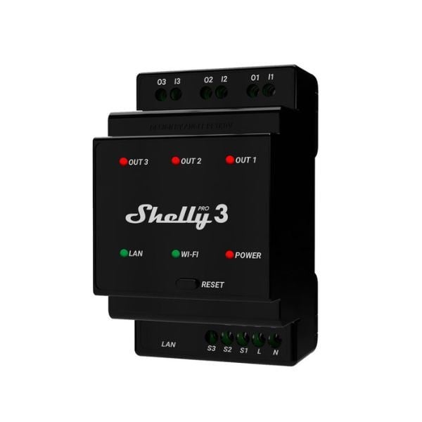 Shelly Pro 3 DIN-sínre szerelhető 3 áramkörös WiFi+LAN okosrelé (ALL-REL-PRO3)