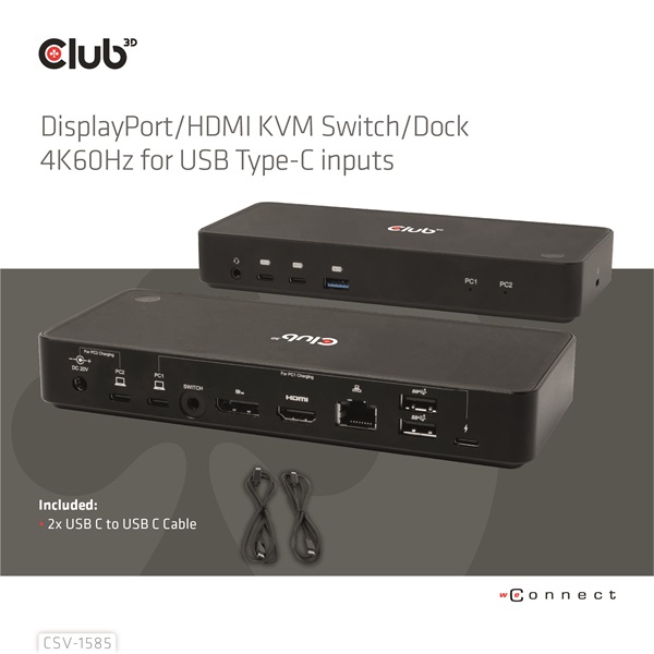 Club3D CSV-1585 DisplayPort/HDMI KVM  Dokkoló Fekete