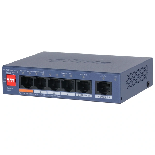 Dahua switch PoE - CS4006-4ET2GT-60 (Cloud Menedzsment; 4x1Gbps PoE; + 2x 1Gbps uplink, 60W)