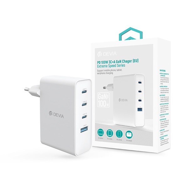 Devia Extreme Speed Series 100W GaN PD  USB+3xType-C hálózati gyorstöltő adapter Fehér