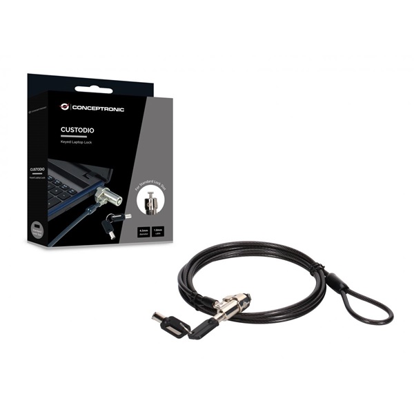 Conceptronic  CUSTODIO02BS   Kulcsos  2db Standard Lock Slot  1,8m   Notebook Kábelzár