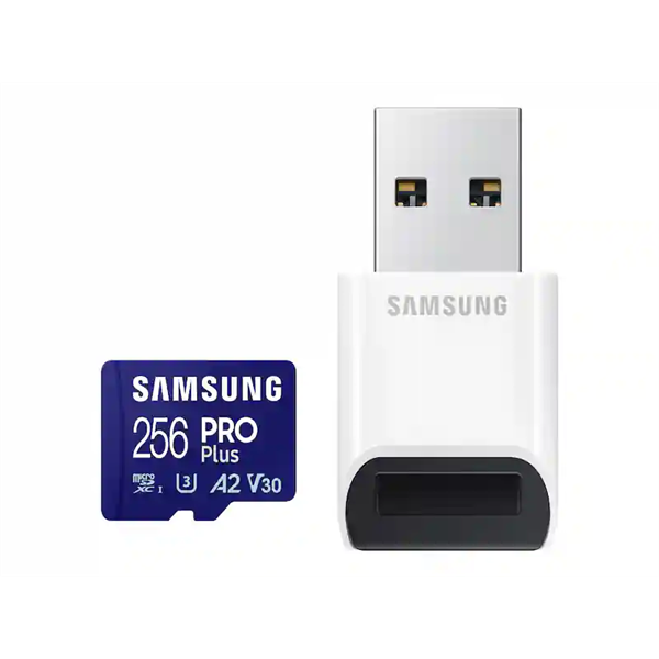 SAMSUNG PRO Plus + Reader microSDXC 256GB CLASS 10 UHS-I U3 V30 A2 R180/W130 Memóriakártya SAMSUNG PRO Plus + Reader microSDXC 256GB CLASS 10 UHS-I U3 V30 A2 R180/W130 Memóriakártya