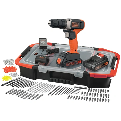 Black and Decker BCD001BAST-QW 18V-os lítium-ion akkumulátoros fúró-csavarozó szett, 2 db 1,5Ah akkumulátorral, 400 mA töltővel