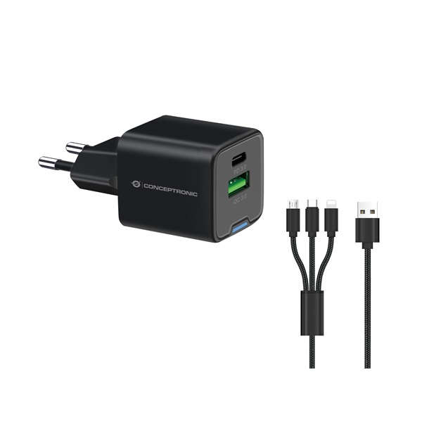 Conceptronic   ALTHEA16B  USB-C+USB-A  33W   telefon töltő adapter+3in1kábel Fekete