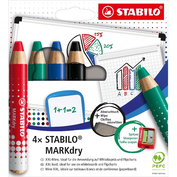 Stabilo MARKdry táblákhoz és flipchartokhoz 4db-os vastag színes ceruza készlet törlőkenővel és hegyezővel Stabilo MARKdry táblákhoz és flipchartokhoz 4db-os vastag színes ceruza készlet törlőkenővel és hegyezővel
