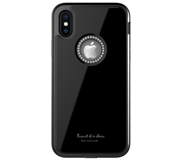 WK GINSTONE műanyag telefonvédő (közepesen ütésálló, üveg hátlap, strasszkő, logó kivágás) FEKETE [Apple iPhone XS 5.8]