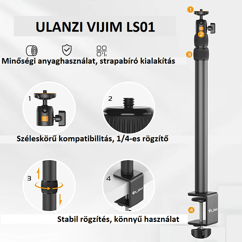 Ulanzi Vijim LS01 multifunkciós, állítható asztali állvány rendszer, gömbfejjel Ulanzi Vijim LS01 multifunkciós, állítható asztali állvány rendszer, gömbfejjel