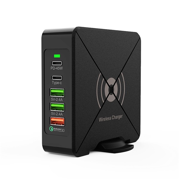 BLACKBIRD Hálózati töltő X8-W PD75W 3xUSB + 2xUSB-C + Vezeték Nélküli töltés BLACKBIRD Hálózati töltő X8-W PD75W 3xUSB + 2xUSB-C + Vezeték Nélküli töltés