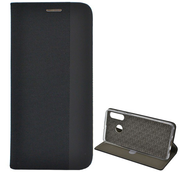 Tok álló, bőr hatású (FLIP, oldalra nyíló, asztali tartó funkció, textil minta) FEKETE [Huawei P30 Lite (Nova 4e)]