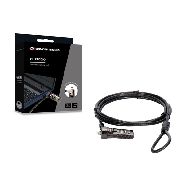 Conceptronic CUSTODIO01BS  Számzáras  Standard Lock Slot 1,8m Notebook Kábelzár  