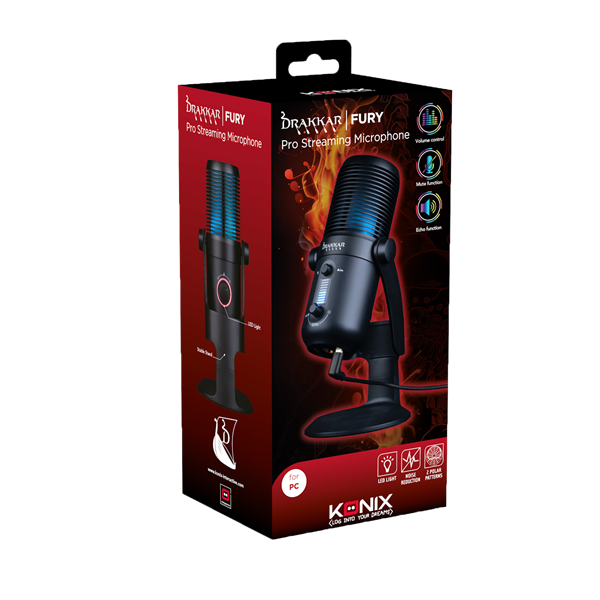 KONIX - DRAKKAR PC Fury Pro Asztali Streaming Mikrofon USB-s Tripod Állványnal Fekete