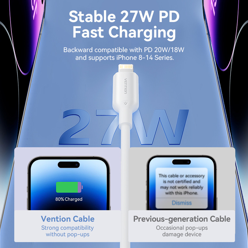 Vention USB-C 2.0 -> Lightning 3A 1m  kábel Fehér