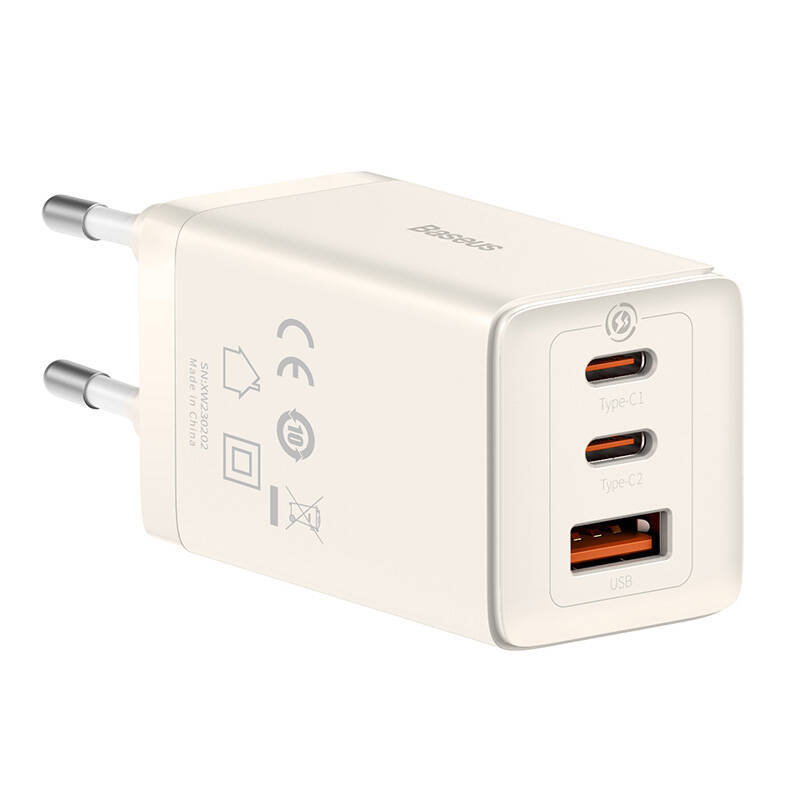 Wall charger Baseus GaN5 2x USB-C + USB, 65W + cable 1m (white)