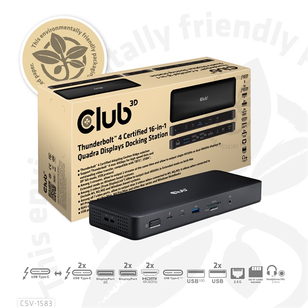 Club 3D CSV-1583 140W  2xThunderbolt 4 3xDP  2xHDMI, USB-C, 3xUSB-A, SD, TF, RJ45, 3,5 Jack, DC Notebook Dokkoló