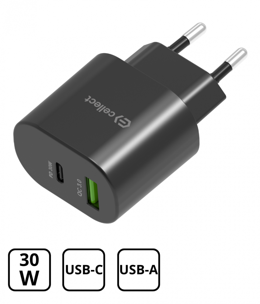 Hálózati gyorstöltő adapter 30W, Fekete