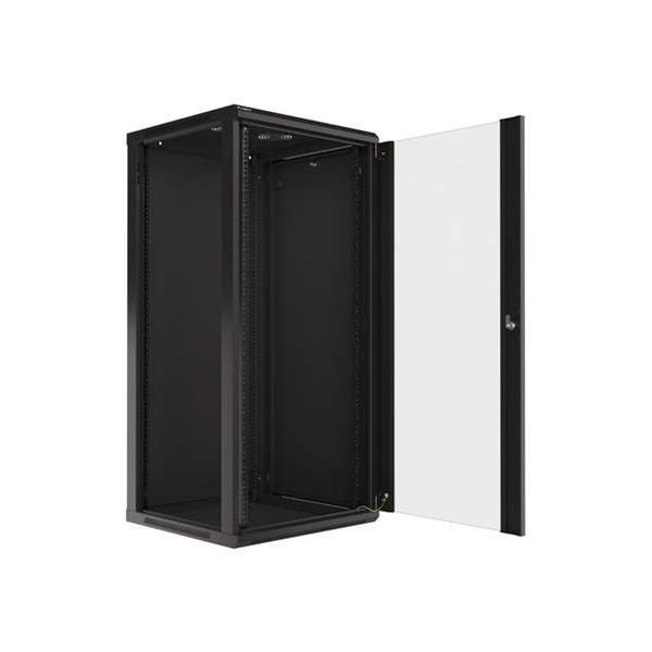 Lanberg WF01-6627-10B 19" 27U SZÉL:600 MÉLY:600 MAG:1307 lapraszerelt üvegajtós fekete fali rack szekrény