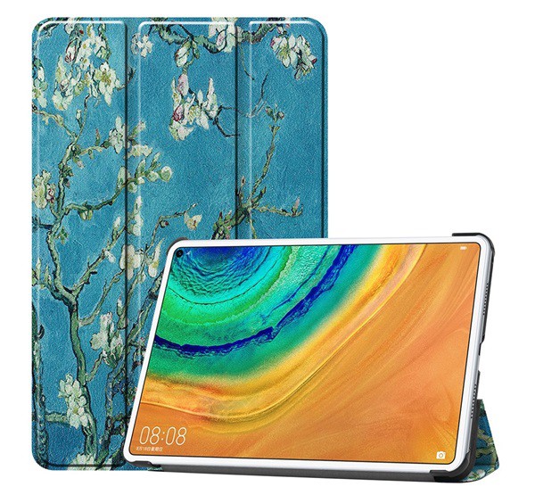Tok álló, bőr hatású (aktív FLIP, oldalra nyíló, TRIFOLD asztali tartó funkció, virág minta) KÉK [Huawei MatePad Pro LTE (MRX-AL19)]