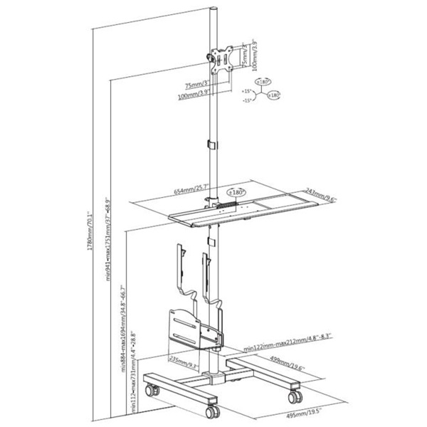 Equip 650171  17"-32"  1 monitor dönthető forgatható  gurulós Max.: 8kg Munkaállomás állvány Fekete 