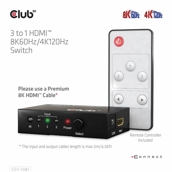 Club3D 3 to 1 HDMI 8K60Hz/4K120Hz Switch Fekete