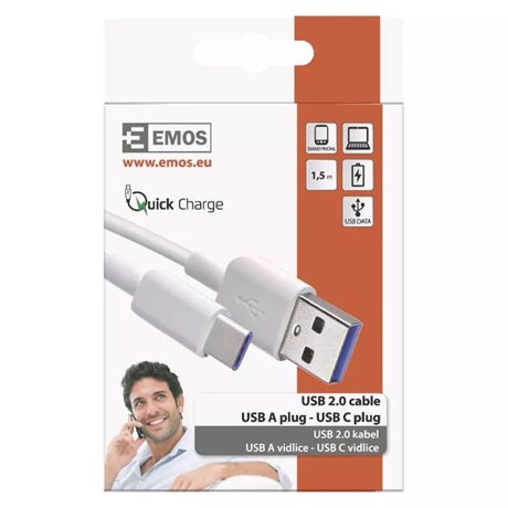 Emos SM7026 TÖLTŐ- ÉS ADATKÁBEL USB-A 2.0 / USB-C 2.0, 1,5 M, FEHÉR