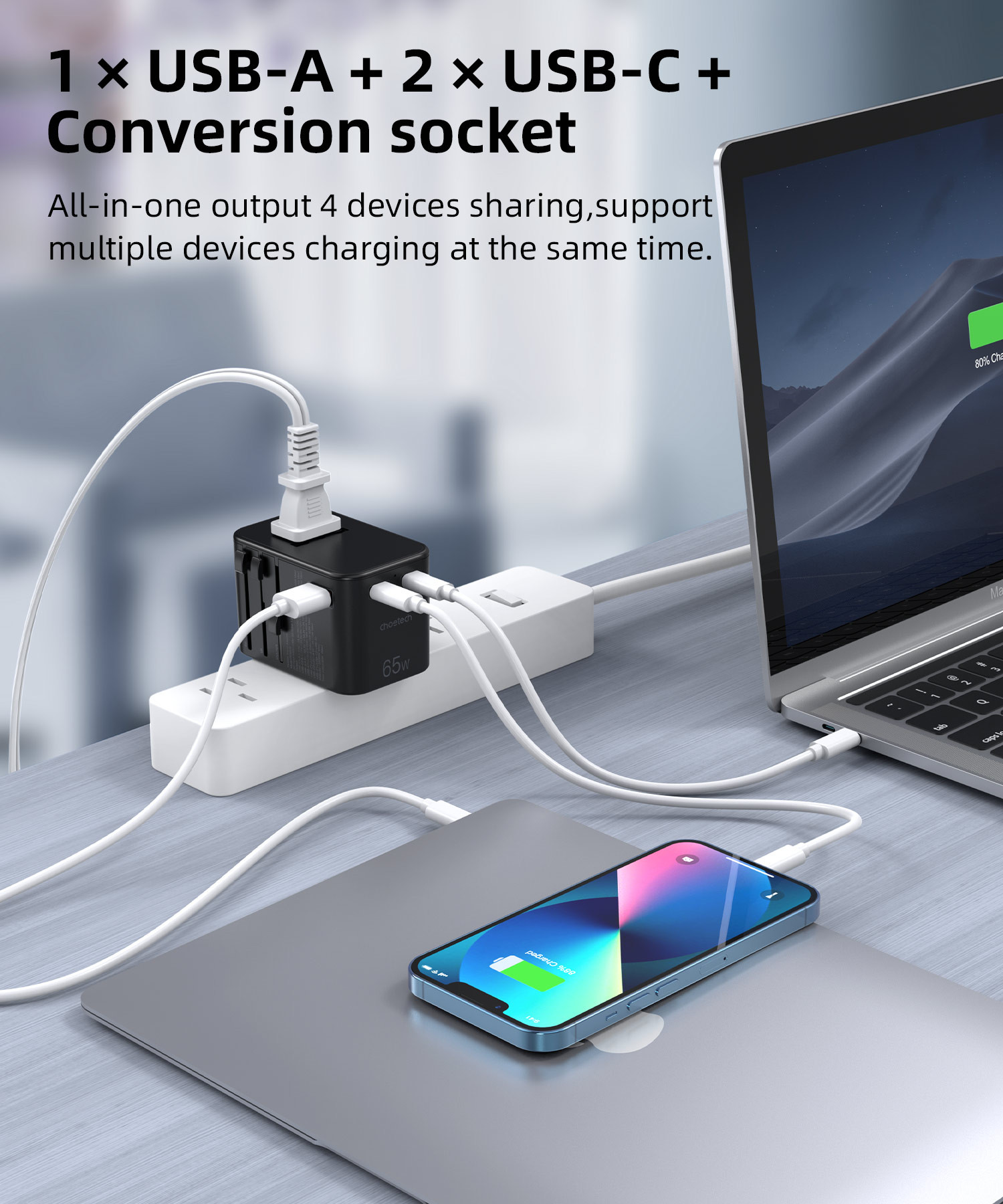 Choetech USB-C*2+A  65W travel US,UK,EU,AU töltő Fekete  