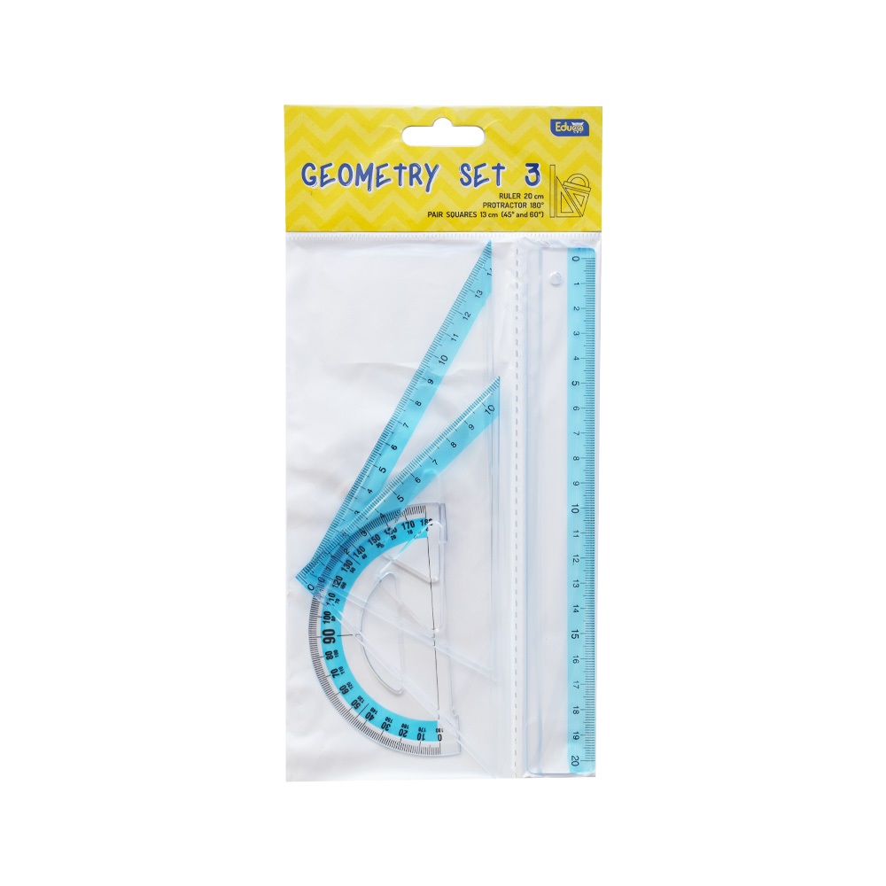 Educa Vonalzókészlet, 20 cm egyenes vonalzó, szögmérő, 45°, 10 cm-es és 60°, 14 cm-es háromszög vonalzó, 4 db/bliszter  (C-3121)
