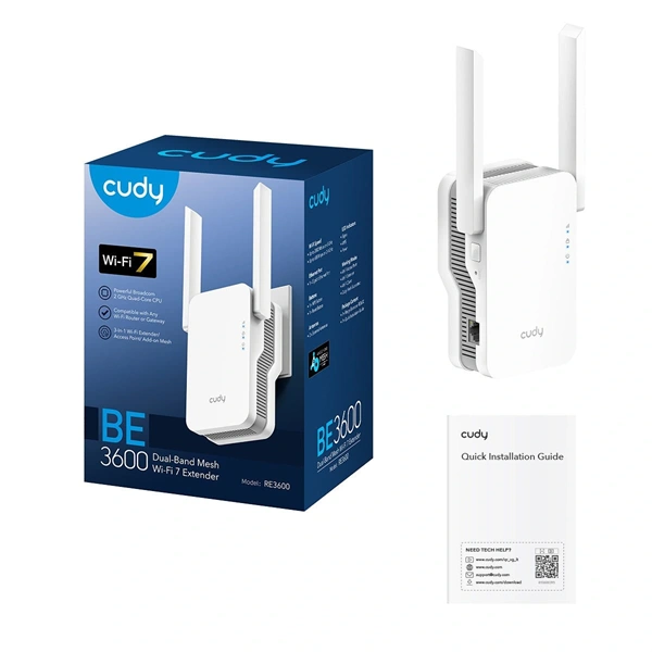 CUDY RE3600 beltéri kétsávos BE3600 WIFI 7 Gigabit LAN Mesh Range extender jelerősítő/hatótávnövelő Fehér