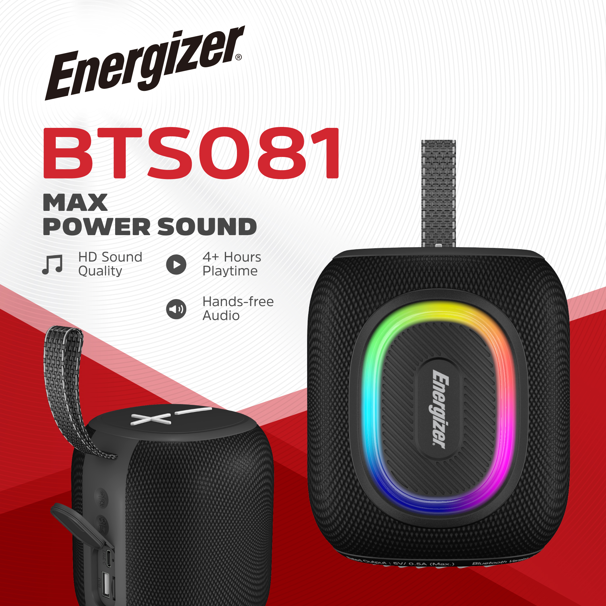 Energizer BTS081 8W-os kompakt bluetooth hangszóró, TWS, FM-rádió, USB/SD lejátszás, 1200mAh powerbank, IPX65 (ENE812279)