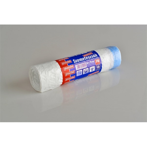 Mazzini húzófüles 70 l/64x70 cm/15 mikr. fehér 15 db/roll háztartási szemeteszsák Mazzini húzófüles 70 l/64x70 cm/15 mikr. fehér 15 db/roll háztartási szemeteszsák