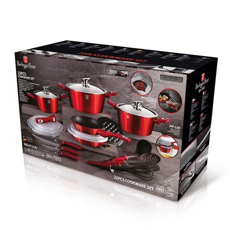 Berlinger Haus BH/7180 Metallic Line Burgundy Edition levehető nyéllel, 22 részes edénykészlet Berlinger Haus BH/7180 Metallic Line Burgundy Edition levehető nyéllel, 22 részes edénykészlet