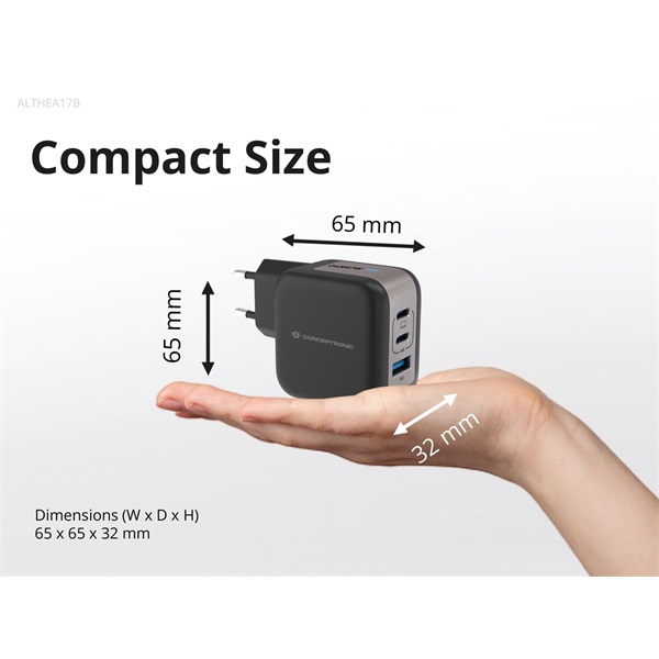 Conceptronic telefon töltő adapter+kábel ALTHEA17B  2xUSB-C+USB-A 67W  USB-C töltő kábel Fekete