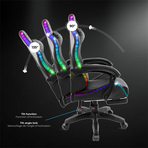 Spirit of Gamer SIRIUS RGB állítható dőlés/magasság kihajtható lábtartó max.120kg-ig Gamer  szék    Fekete