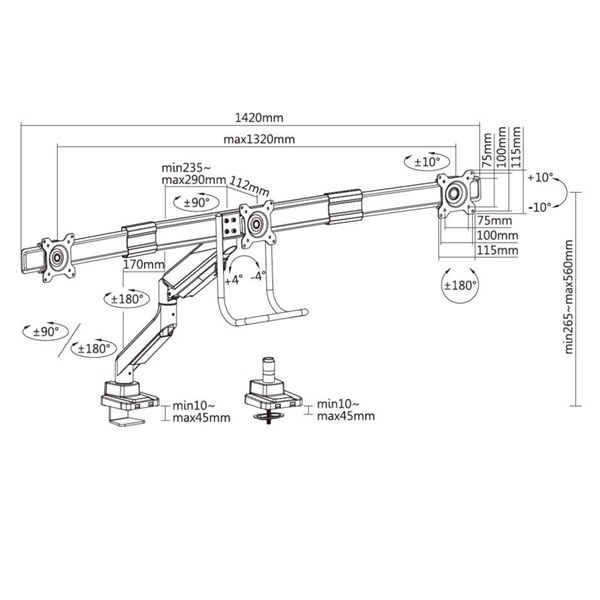 Equip   650162  17"-27"  3 monitor  dönthető  forgatható  Max.: 3x6kg Monitor Asztali konzol  fekete/ezüst