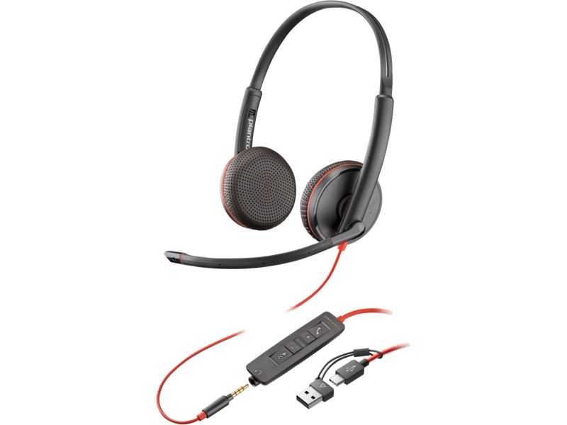 Poly Blackwire 3225 sztereó USB-C headset + 3,5 mm-es csatlakozó + USB-C–USB-A-adapter OEM (8X229A6)