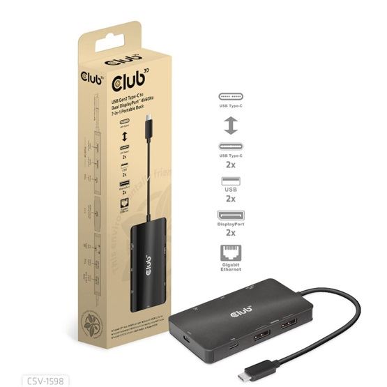 Club3D USB Gen2 Type-C to Dual DisplayPort 4k60Hz 7-in-1 Portable Dokkoló Club3D USB Gen2 Type-C to Dual DisplayPort 4k60Hz 7-in-1 Portable Dokkoló