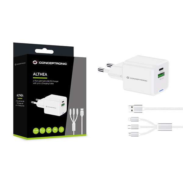 Conceptronic telefon töltő adapter+kábel  ALTHEA16W  USB-C+USB-A  33W  3in1 töltő kábel  Fehér 