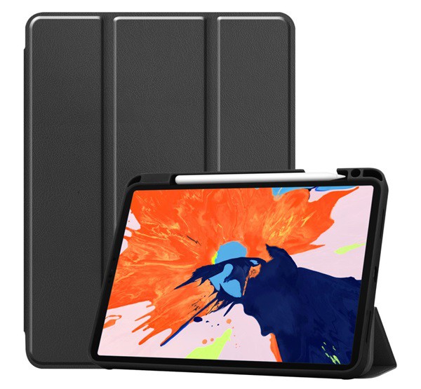 Tok álló, bőr hatású (aktív FLIP, oldalra nyíló, TRIFOLD asztali tartó funkció, Apple Pencil tartó) FEKETE [Apple IPAD Pro 12.9 (2020)]