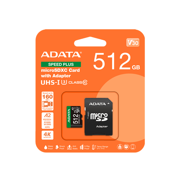 ADATA Memóriakártya MicroSDXC 512GB + Adapter SPEED PLUS UHS-I U3 (180/160)