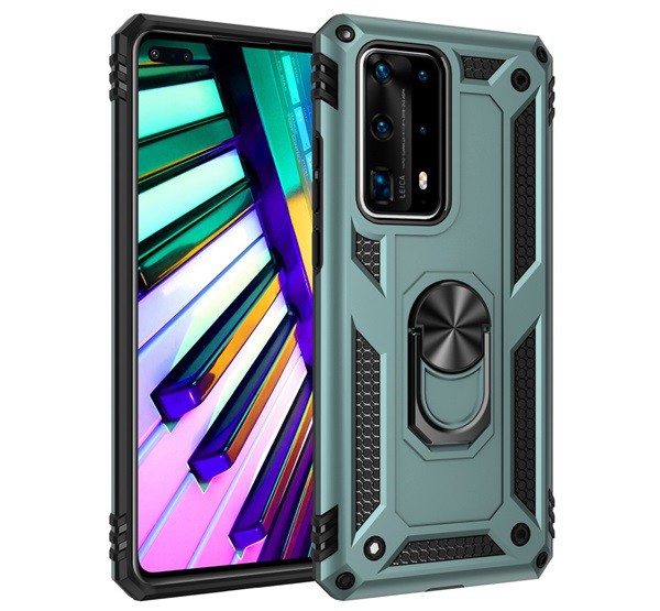 Defender műanyag telefonvédő (közepesen ütésálló, szilikon belső, telefontartó gyűrű, beépített fémlemez) SÖTÉTZÖLD [Huawei P40]