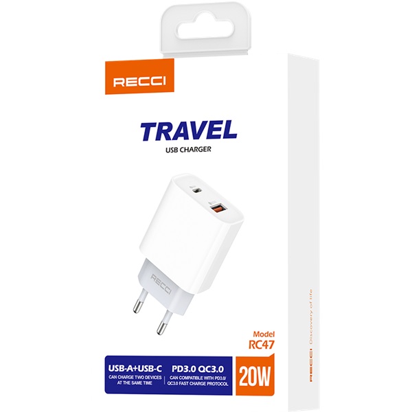Recci RC-47 PD 20W USB A QC 3.0+Typec hálózati gyorstöltő